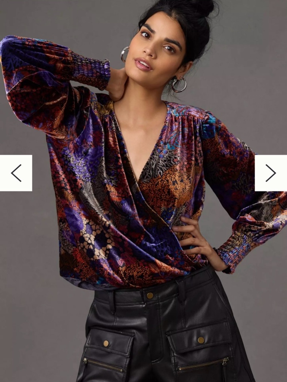 Anthropologie Multicolor Velvet Wrap Blouse in Purple & Brown Tones